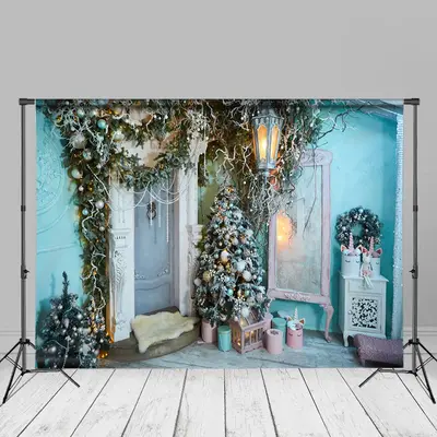 Enchanted Blue House Christmas Tree Photo Backdrop - Aperturee
