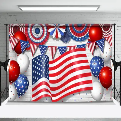 Usa Flag Balloon White Brick Wall Labor Day Backdrop