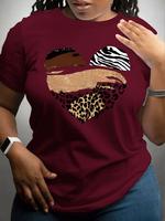 【Plus Size】 Leopard Heart Print Round Neck Tee, Fashion Casual Crew Neck Short Sleeve T-shirt for Daily Outdoor Wear, Wom...