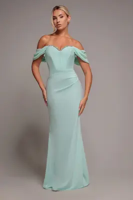 Goddiva Off The Shoulder Draped Sleeve Maxi Dress With Diamante Neckline - Mint Green
