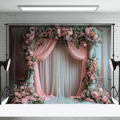 Vintage Wall Pink Curtain Floral Wedding Backdrop