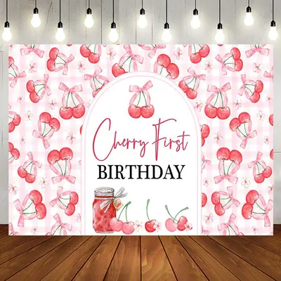 Aperturee Pink Plaid Red Cherry First Birthday Party Backdrop | Custom Birthday Backdrops | Diy Birthday Backdrop | Birthday ...