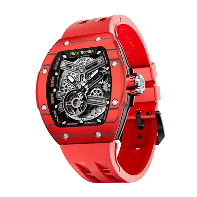 TSAR BOMBA Men's Automatic Skeleton Watch | Interchangeable Luxury Design | Red | Atomic TB8218 | Carbon Fiber