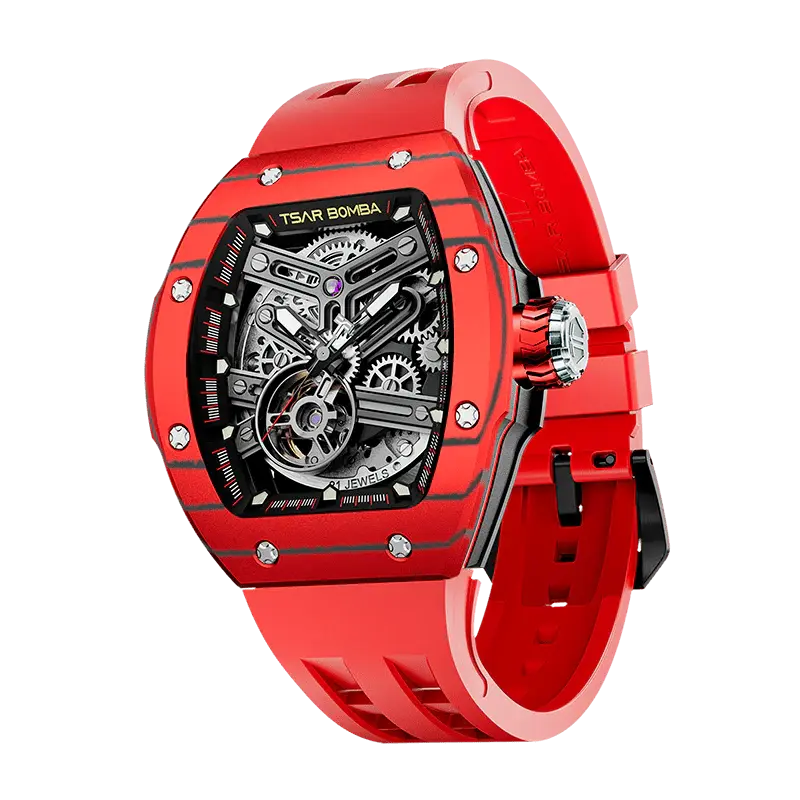 TSAR BOMBA Men's Automatic Skeleton Watch | Interchangeable Luxury Design | Red | Atomic TB8218 | Carbon Fiber