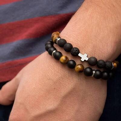 2Pcs 2 Style 8mm Round Natural Lava Rock & Frosted Black Agate & Tiger Eye Stretch Bracelets Set