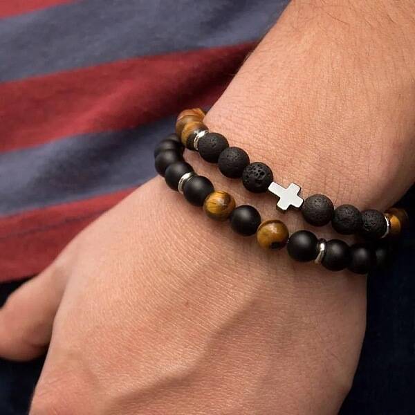 2Pcs 2 Style 8mm Round Natural Lava Rock & Frosted Black Agate & Tiger Eye Stretch Bracelets Set