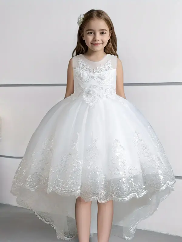 Girl's Contrast Lace Appliques Pearls High Low Hem Tulle Dress, Elegant Sleeveless Zipper Back Fit & Flare Dress for Party Pe...
