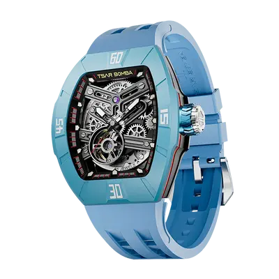 TSAR BOMBA Men's Automatic Skeleton Watch | Interchangeable Luxury Design | Dynamic Light Blue | Atomic TB8218 | Fluororubber
