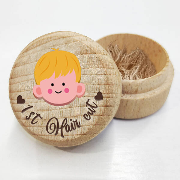 Round Beech Wooden 3D Engraved My First Curl Boy Box