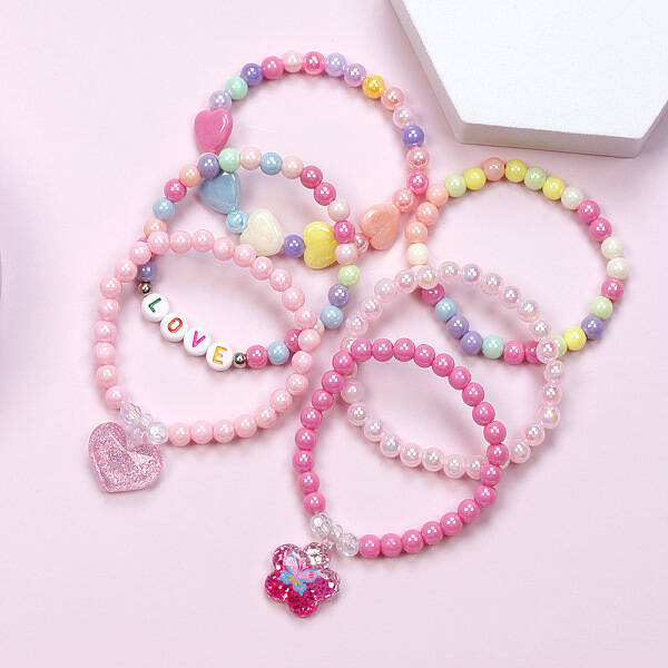 6Pcs Plastic Round Beaded Stretch Bracelet & Charm Bracelet Set for Kid