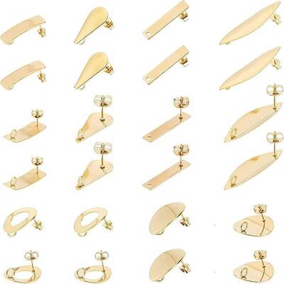 24Pcs 6 Style 304 Stainless Steel Stud Earring Findings