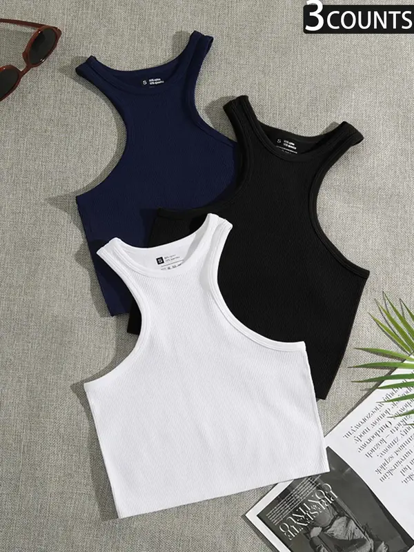 Women's Plain Crop Sports Vest, Casual Quick Drying Breathable Ribbed Crop Top, Ladies Sportswear, Summer Clothes, Gym Clothe...