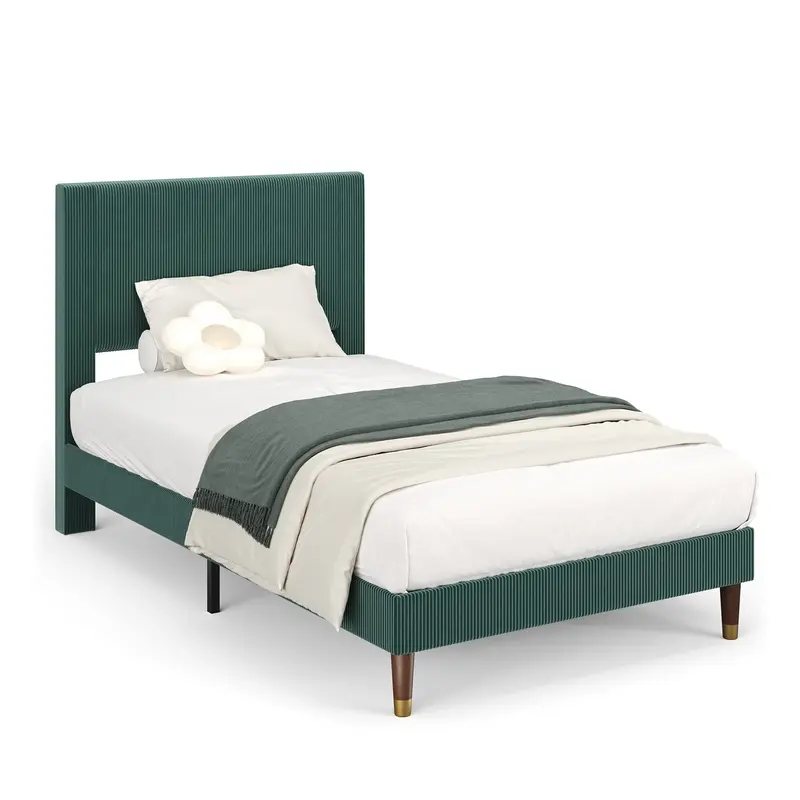 Garvee Twin Bed Frame with Headboard, Corduroy Upholstered Platform Bed with Wooden Slats Support - No Box Spring Needed & No...