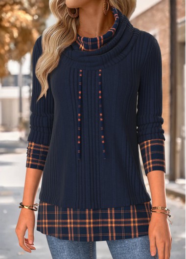 Modlily Navy Tummy Coverage Plaid Long Sleeve Cowl Neck Sweatshirt - M