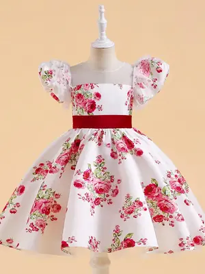 Girl's Floral Print Formal Dress, Elegant Round Neck Fit & Flare Dress for Party, Kids Clothes for All Seasons