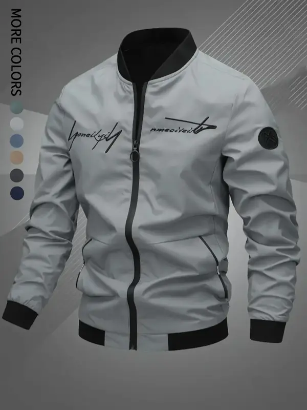 Men's Regular Fit Letter Embroidery Zip Up Bomber Jacket, Casual Long Sleeve Windproof Baseball Collar Outerwear for Fall & W...