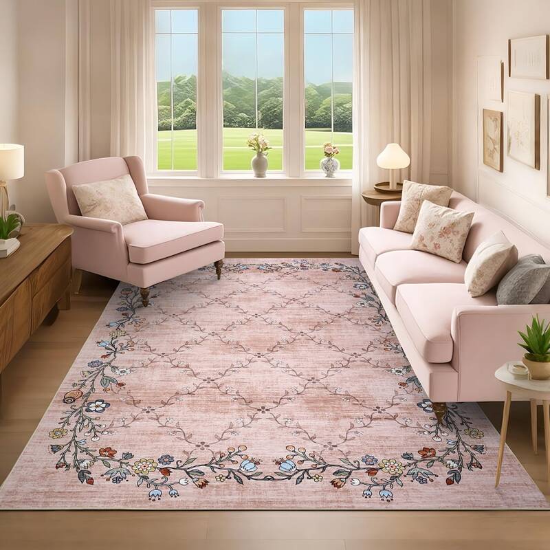 Garvee Floral Pink 5x7 Washable Area Rugs for Living Room: Modern Floral Non Slip Large Area Rugs for Bedroom, Large Machine ...