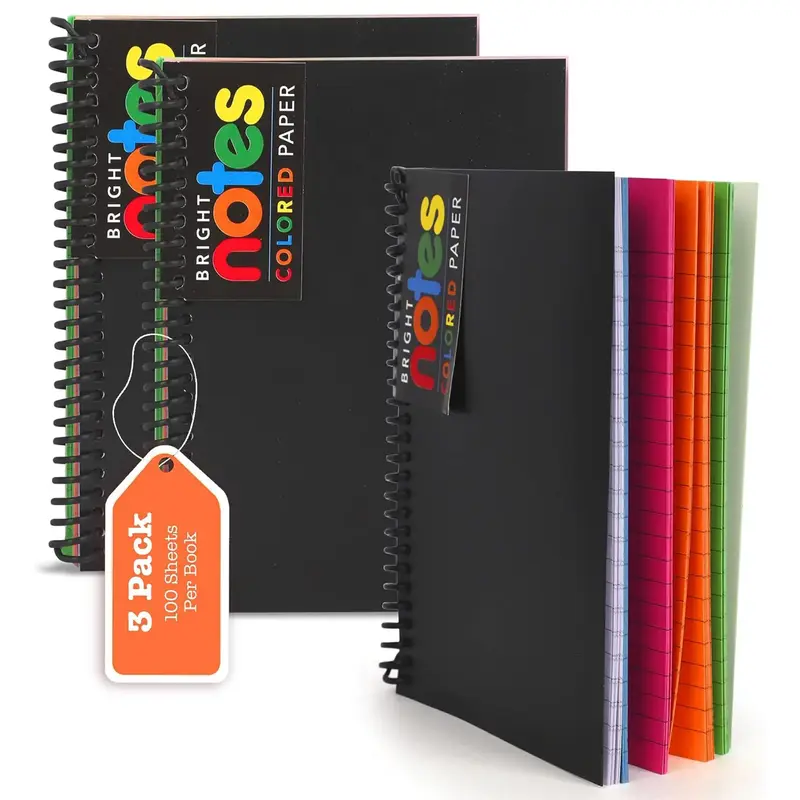 Spiral Notebook with Colored Pages, 5X7 with Vibrant Or Pastel College Ruled Paper, 100 Sheets/200 Pages, 3 Pack