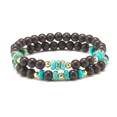 2Pcs 2 Style Natural Wood & Imperial Jasper Beaded Stretch Bracelets Set