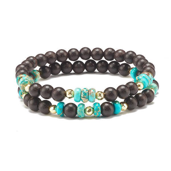2Pcs 2 Style Natural Wood & Imperial Jasper Beaded Stretch Bracelets Set