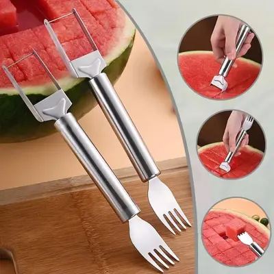 Watermelon Fruit Fork and Slicer Combo – 2-in-1 Stainless Steel Cutter with Round Handle, Ideal Kitchen Tool for Easy Fruit...
