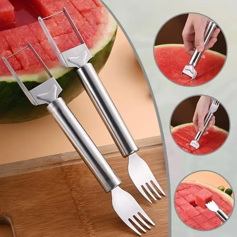 Watermelon Fruit Fork and Slicer Combo – 2-in-1 Stainless Steel Cutter with Round Handle, Ideal Kitchen Tool for Easy Fruit...