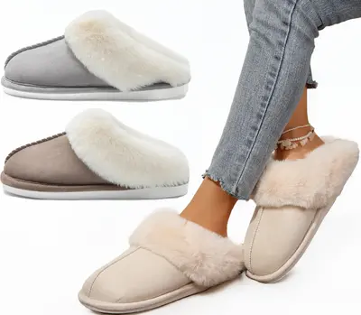 Fuzzy House Slippers for Women Fluffy Memory Foam Suede Slippers with Faux Collar Indoor Outdoor  Winter Warm Shoes