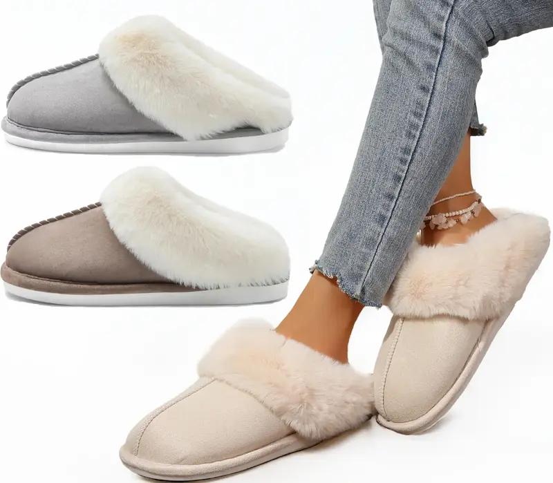 Fuzzy House Slippers for Women Fluffy Memory Foam Suede Slippers with Faux Collar Indoor Outdoor  Winter Warm Shoes