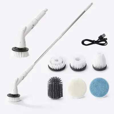 Electric Rotary Cleaning Brush, Long Handle Telescopic Rechargeable Floor Scrubber Brush with 5/6counts Replaceable Heads, Ad...