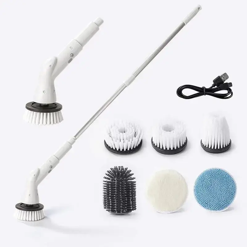 Electric Rotary Cleaning Brush, Long Handle Telescopic Rechargeable Floor Scrubber Brush with 5/6counts Replaceable Heads, Ad...
