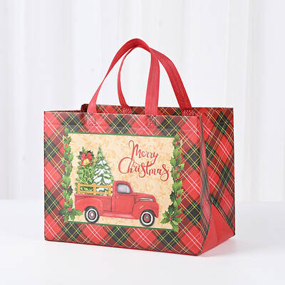 Christmas Theme Tartan Non-woven Fabric Gift Tote Bags with Handle