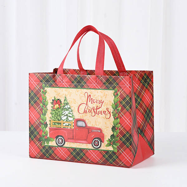 Christmas Theme Tartan Non-woven Fabric Gift Tote Bags with Handle