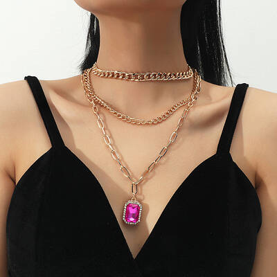 3Pcs Elegant Alloy Fuchsia Rhinestone Rectangle Pendant 3 Layer Necklaces Sets