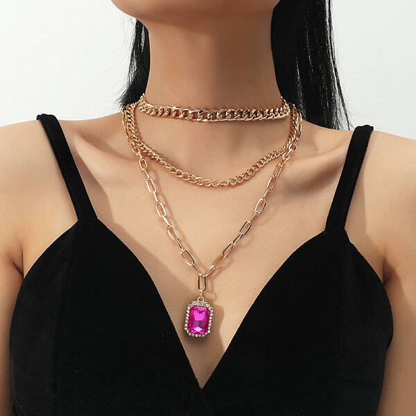 3Pcs Elegant Alloy Fuchsia Rhinestone Rectangle Pendant 3 Layer Necklaces Sets