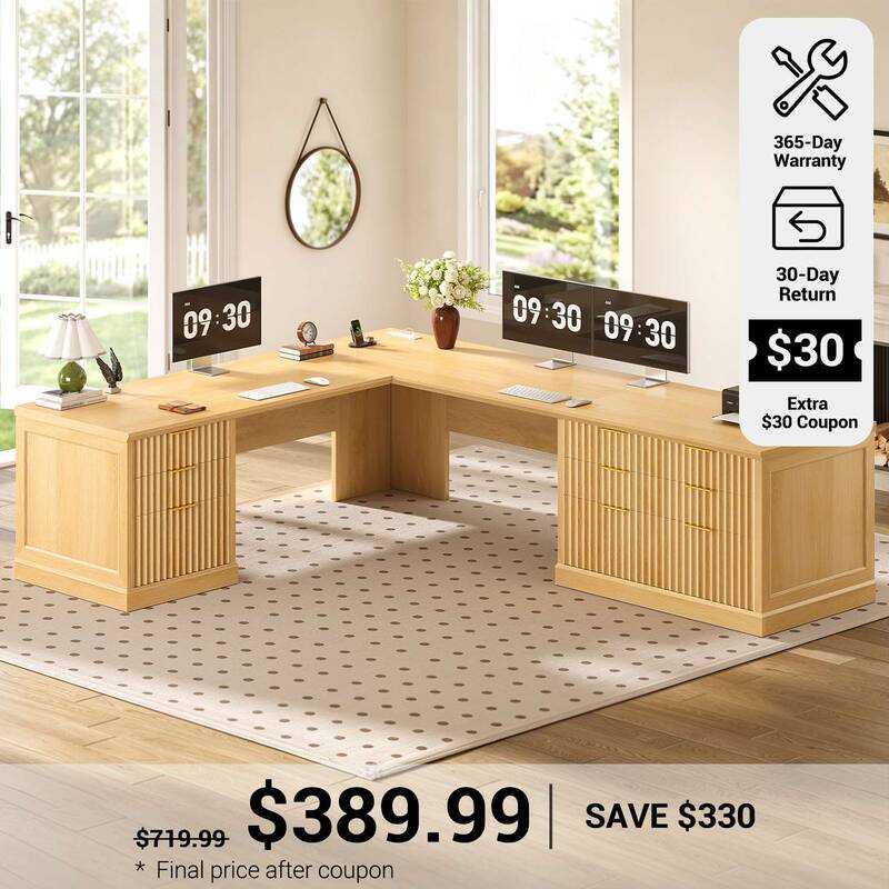 SEDETA 78.8 Inch Fluted L Shaped Desk with 6 Drawers Fluted Brown Home Office Desk with Power Outlet File Cabinet Storage Woo...