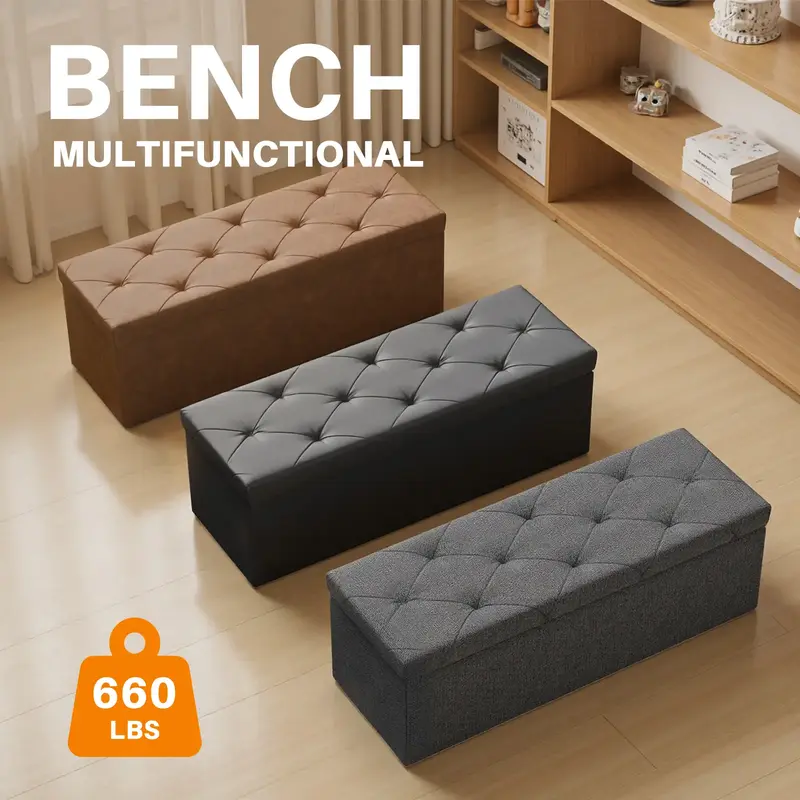 【Deal】Folding Storage Ottoman Bench, Foot Rest Stool with Padded Seat, Large Toy Box Storage Chest with Seatin, Holds up ...