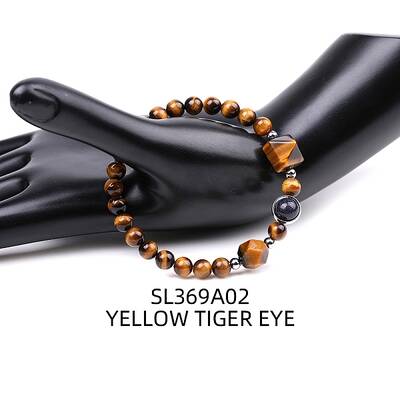 Natural Tiger Eye Pyramid & Synthetic Blue Goldstone Beaded Stretch Bracelet