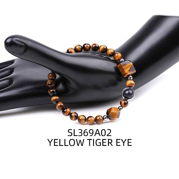 Natural Tiger Eye Pyramid & Synthetic Blue Goldstone Beaded Stretch Bracelet