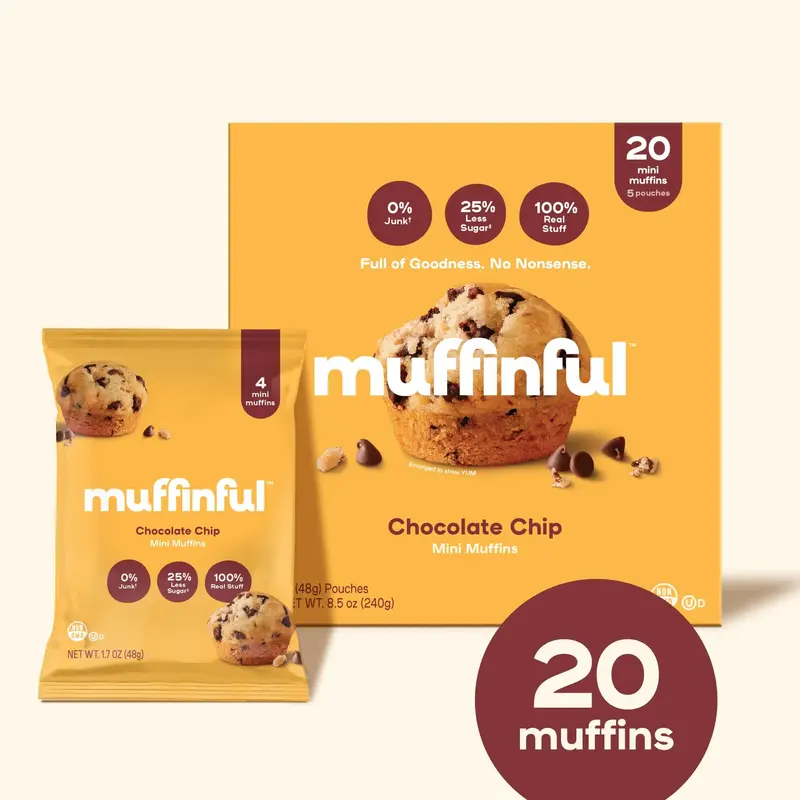 Muffinful Chocolate Chip Mini Muffins - 5 Packets of 4 Mini Muffins - Made with 25% Less Sugar, 0% Junk, 100% Real Stuff