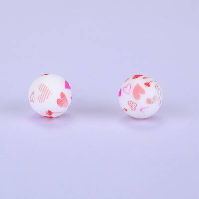 Printed Round with Heart Pattern Silicone Focal Beads