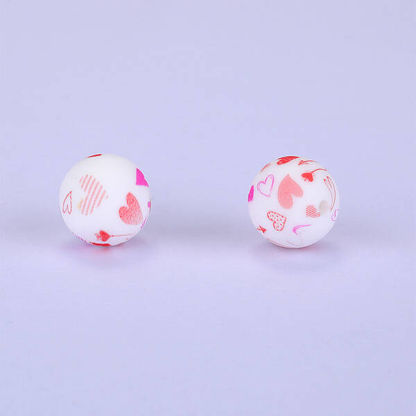 Printed Round with Heart Pattern Silicone Focal Beads