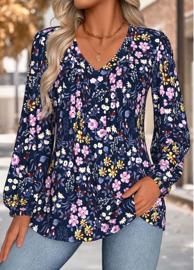 Modlily Navy Tummy Coverage Floral Print Long Sleeve Blouse - XXL