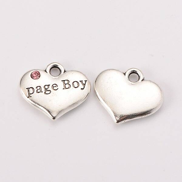 Wedding Theme Antique Silver Tone Tibetan Style Heart with Page Boy Rhinestone Charms