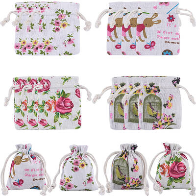 4 Styles Flower Print Burlap Packing Pouches