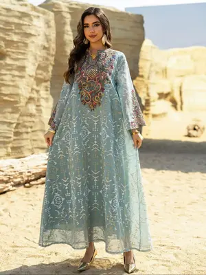 Women's Embroidery Long Sleeve Dress, Elegant Long Arabian Robe, Muslim Clothing for Women