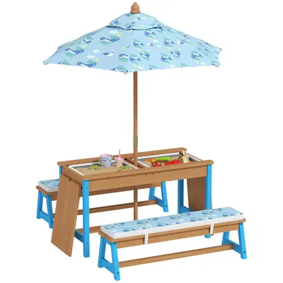 Qaba Kids Picnic Table, Wooden Outdoor Table & Bench Set with Removable Umbrella, Children Sand and Water Activity Table for ...