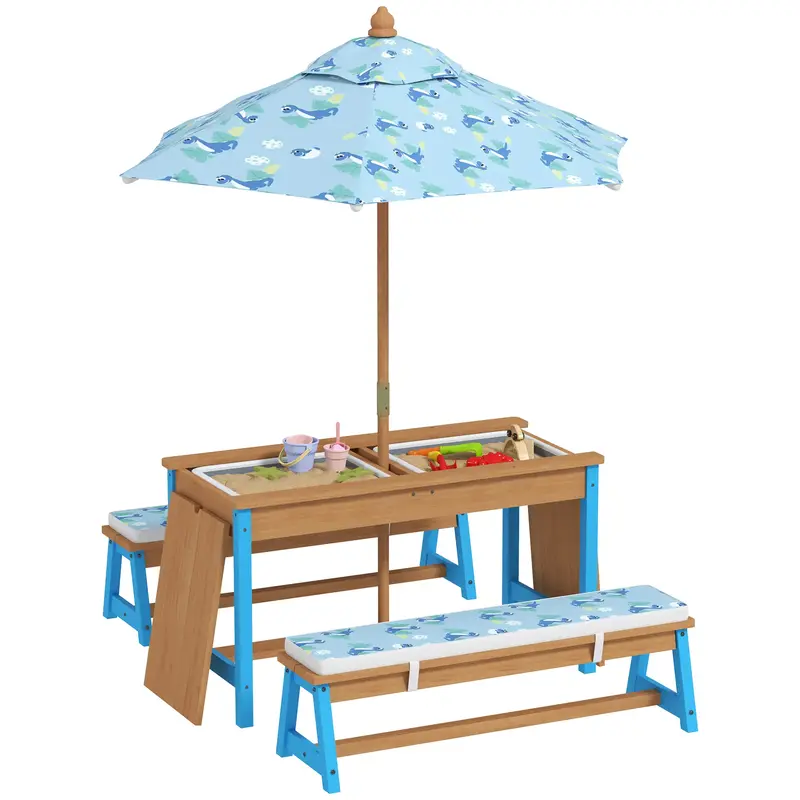 Qaba Kids Picnic Table, Wooden Outdoor Table & Bench Set with Removable Umbrella, Children Sand and Water Activity Table for ...