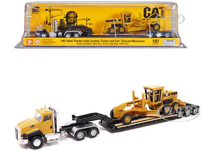 CAT Caterpillar CT660 Day Cab Tractor Yellow with Lowboy Trailer and CAT 163H Motor Grader Yellow 1/87 (HO) Diecast Model by ...