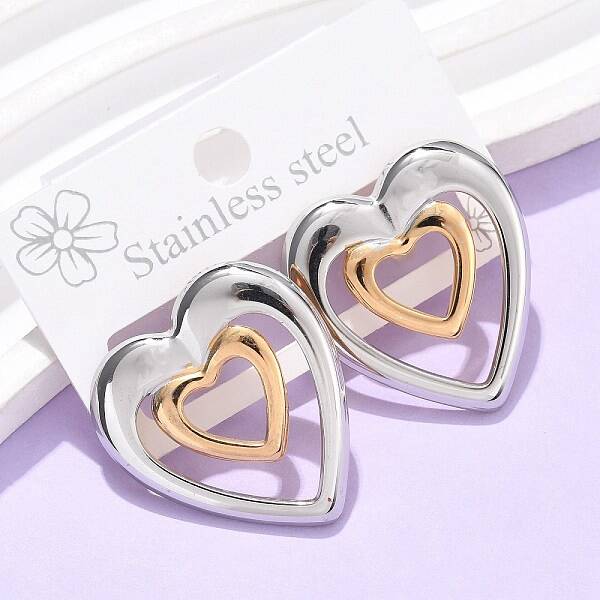 304 Stainless Steel Two Tone Heart Stud Earrings