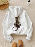 Women's Cartoon Leopard Print Drop Shoulder Hoodie,  Comfortable Fashion Casual Drawstring Pocket Hooded Sweatshirt for Holid...